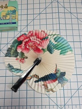 Chinese Paper Folding Hand Fan W/Metal Handle, VTG Mid-Century, #65